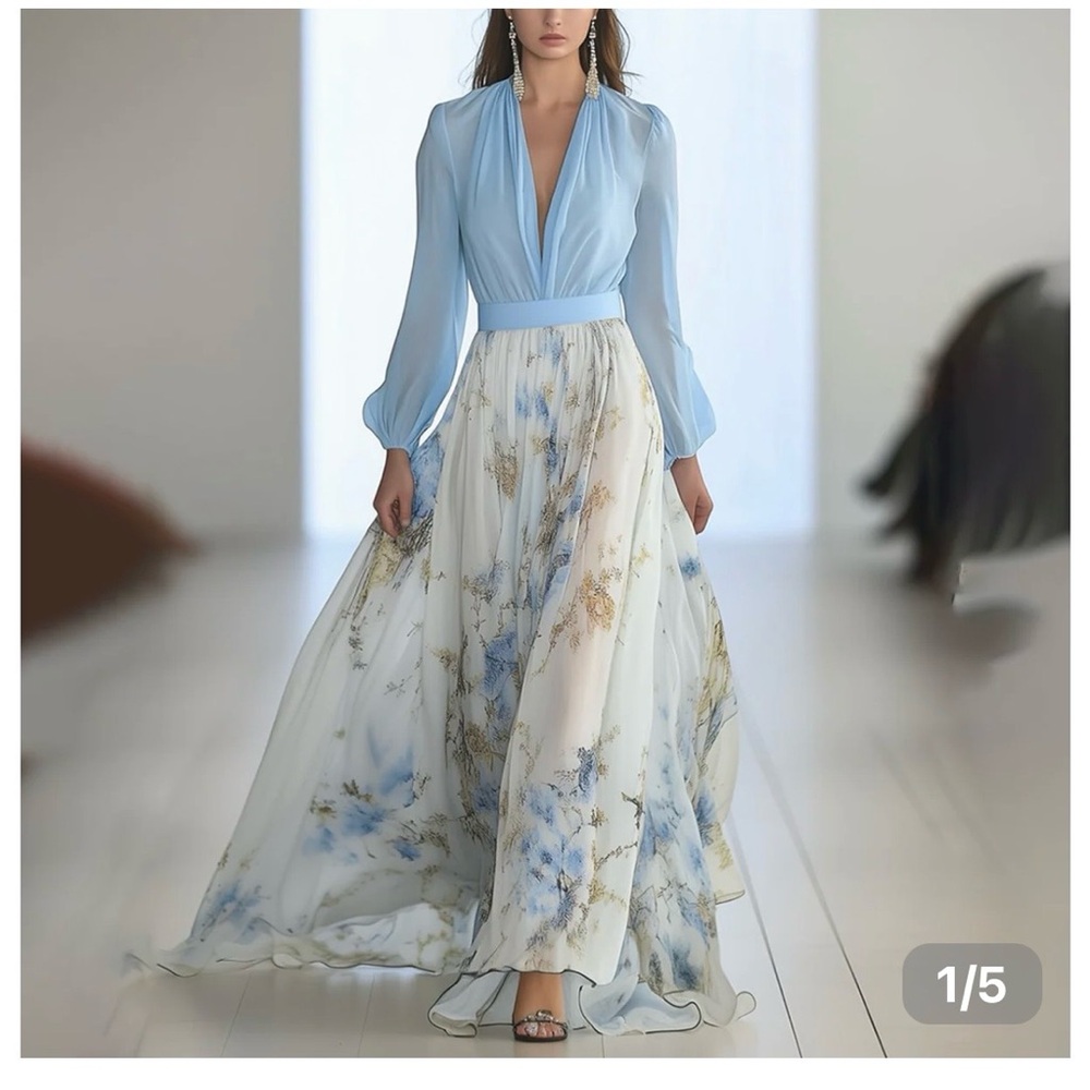 Elegant Refeu Blue and White Floral Maxi Dress - Picture 2 of 5